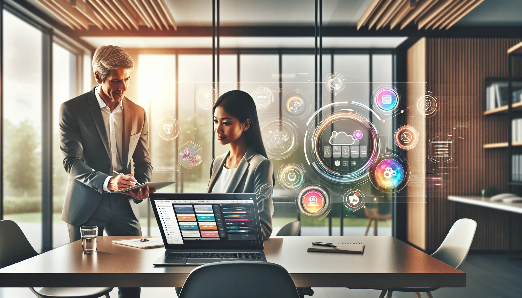 diverse professionals collaborating in a modern workspace with Kj23meyer displayed.