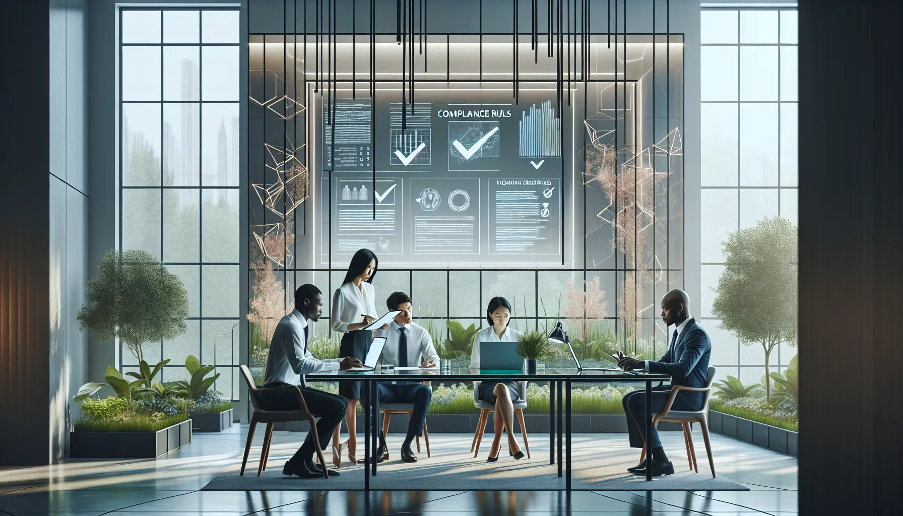 diverse team discussing compliance regulations in a modern office.