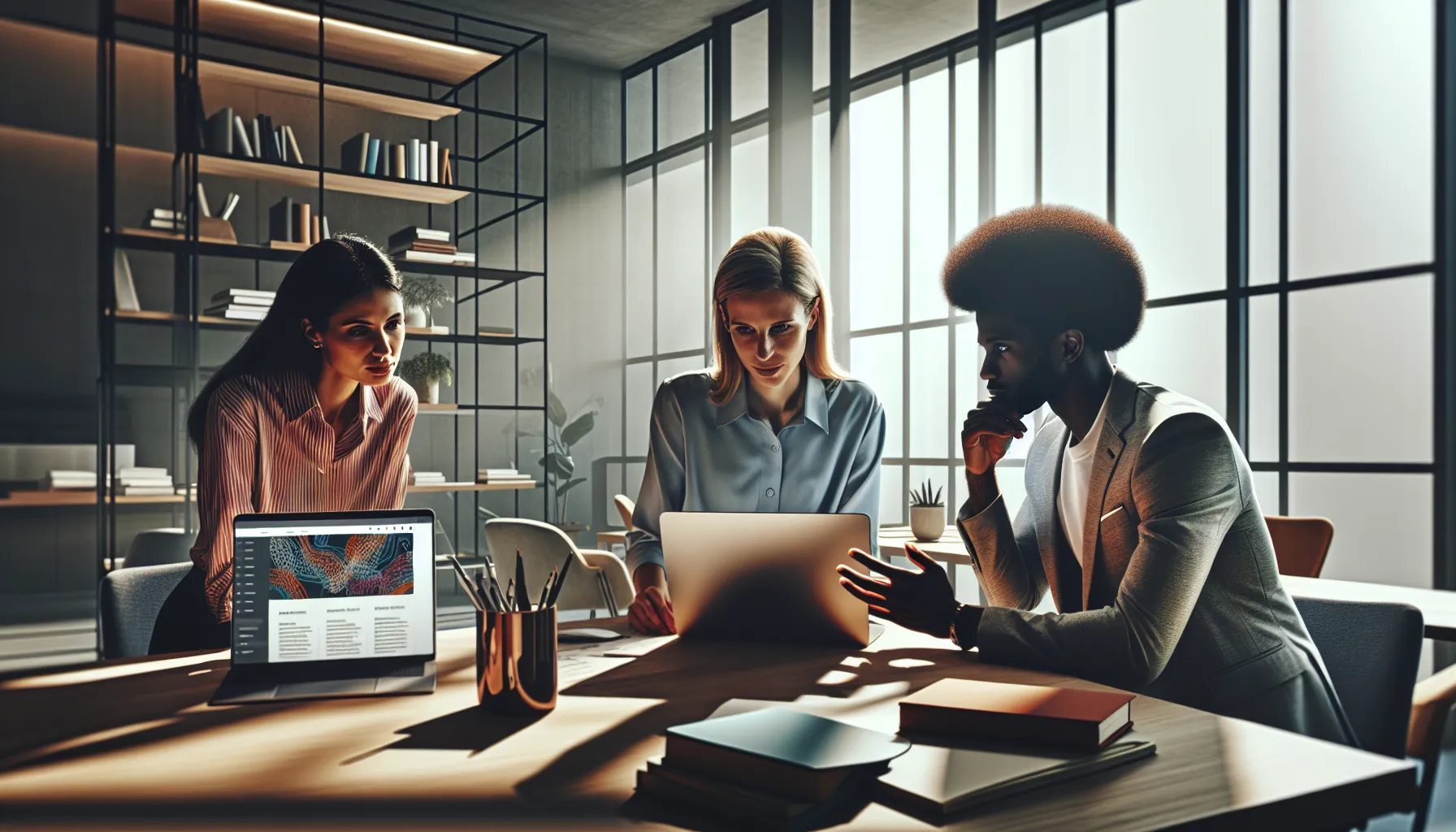 diverse team collaborating in a modern workspace.