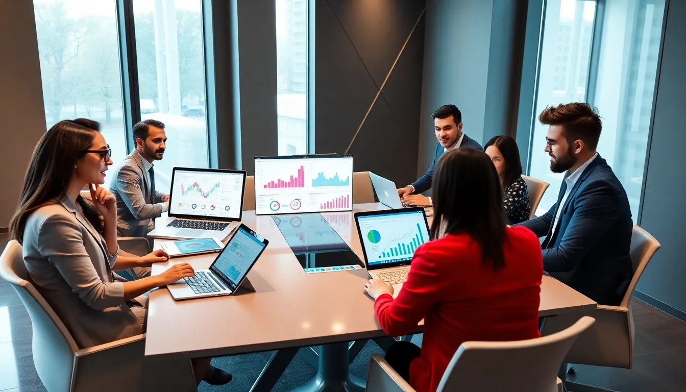 diverse team collaborating in a modern office on digital engagement strategies.