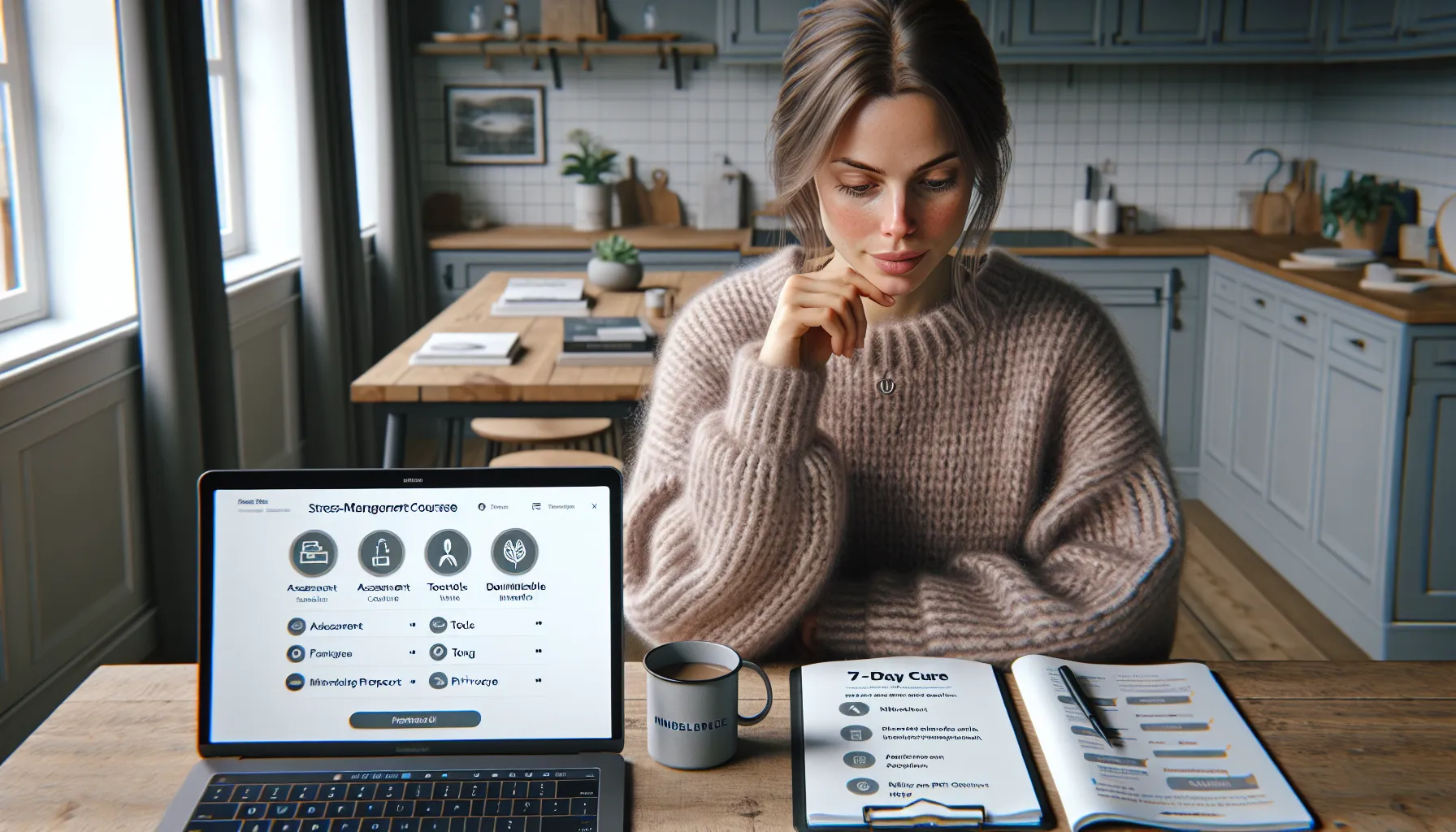 Woman in norway compares online stress courses, checking modules, support, and privacy.