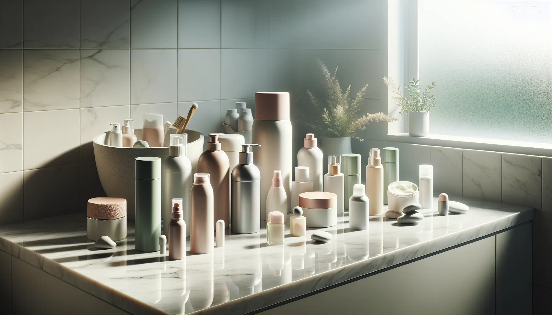 Various deodorants arranged on a bathroom countertop under soft sunlight.