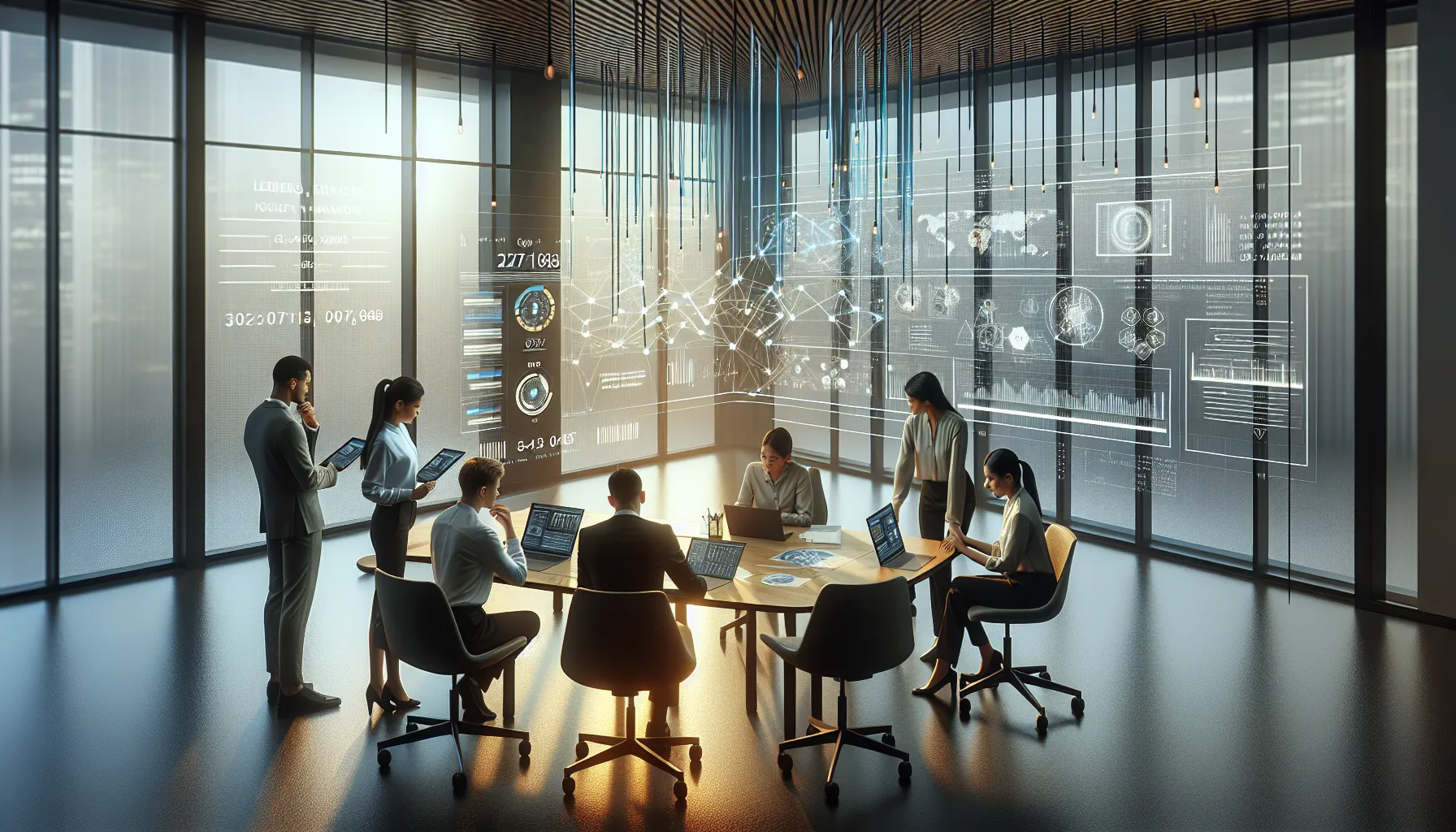 diverse professionals analyzing data in a modern office setting.