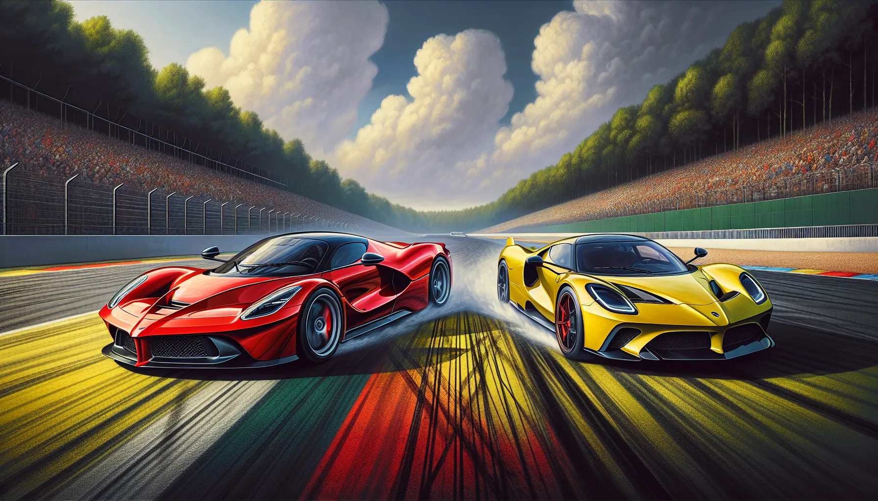 A Ferrari and Lamborghini racing side by side on a sunny racetrack.