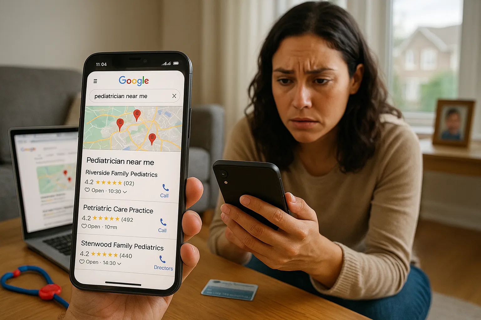Concerned woman searches local doctors on her phone, viewing map and reviews.