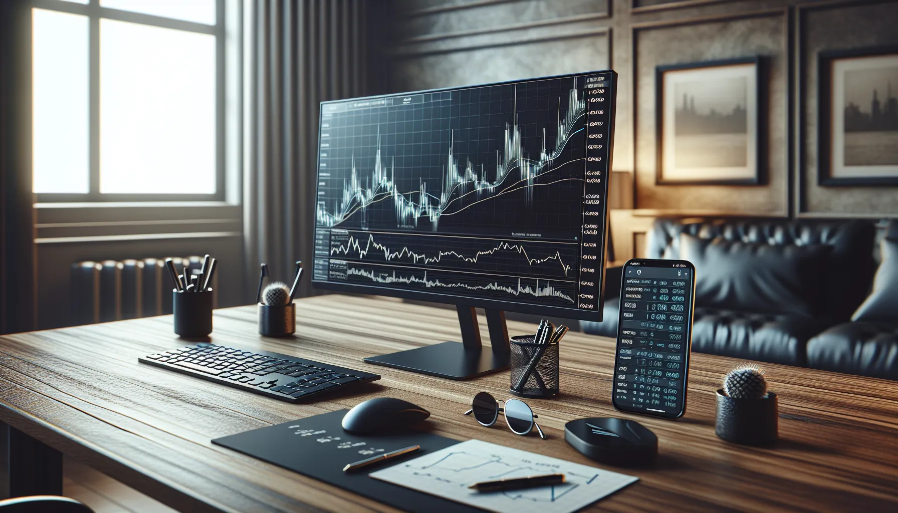 Trader's desk with computer displaying Floki Inu cryptocurrency charts and market data.