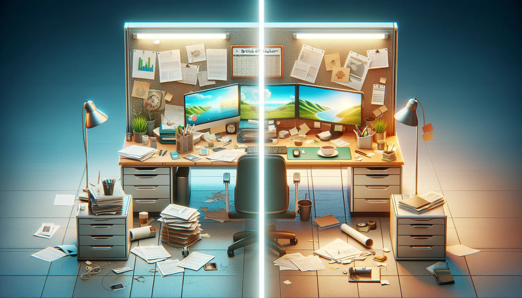 Two contrasting office desks representing UK and US versions of The Office sitcom.