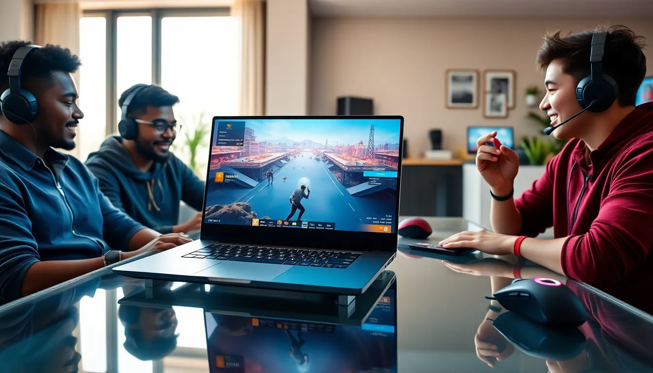 diverse team gaming on a modern laptop in a bright workspace.