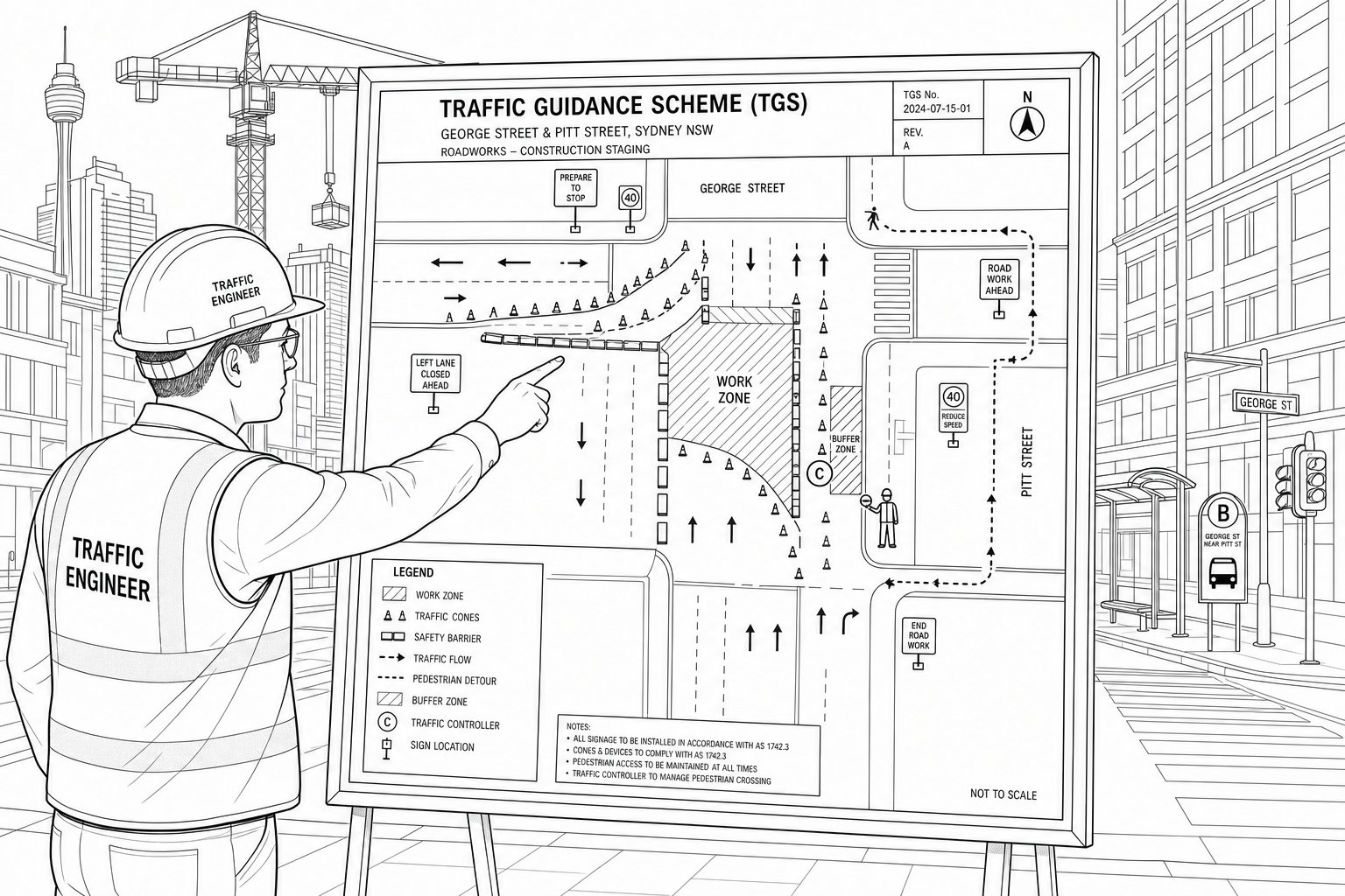 Traffic engineer presenting a roadwork traffic guidance plan for a Sydney construction site.
