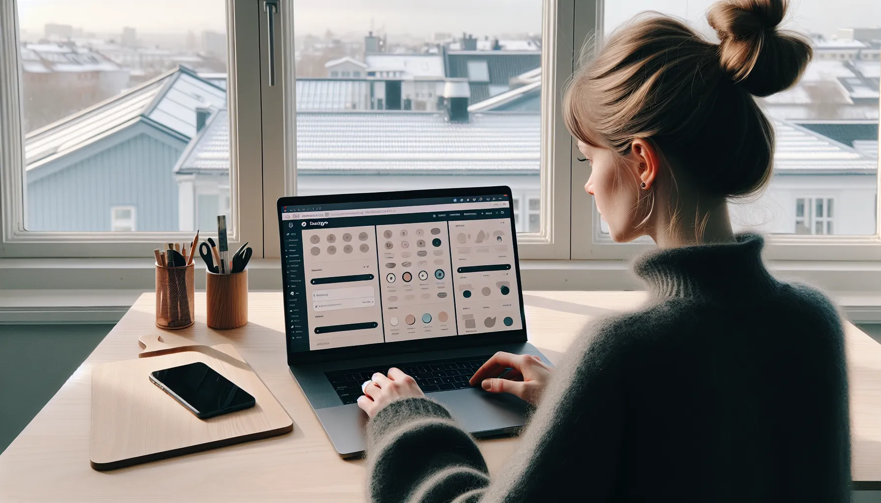 Norwegian designer finalizing a structured digital template with styles and checklist in an oslo studio.