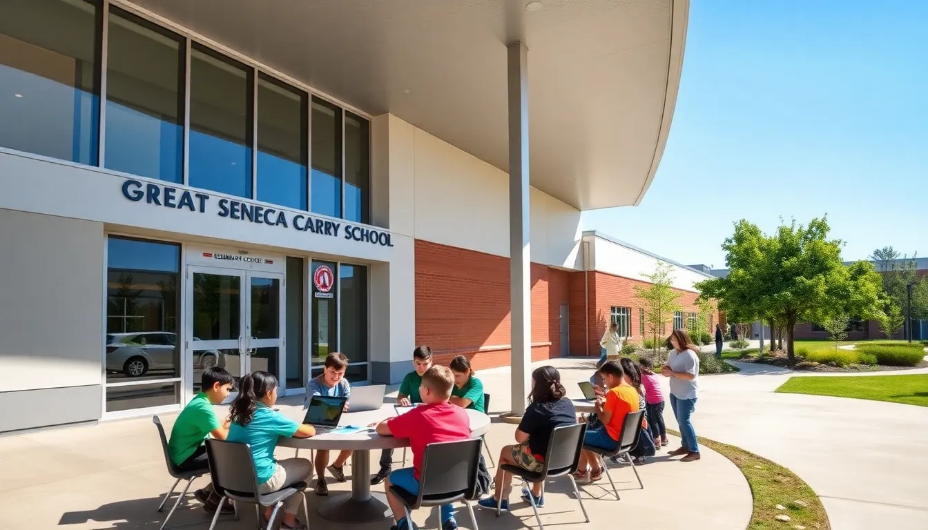 diverse students learning outside Great Seneca Creek Elementary School.