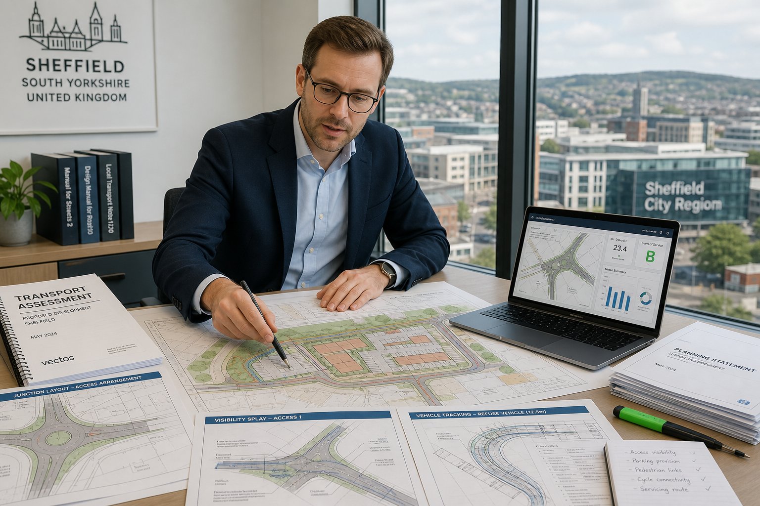 Traffic engineer reviewing development and transport plans in a modern office.
