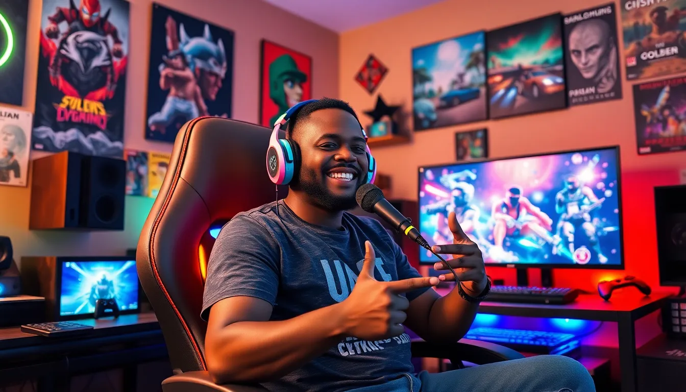 Larry Nando streaming gameplay in his vibrant gaming room.