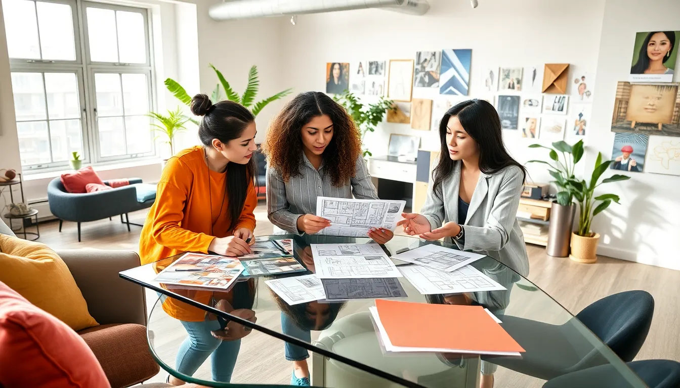 diverse team collaborating in a modern interior design studio.