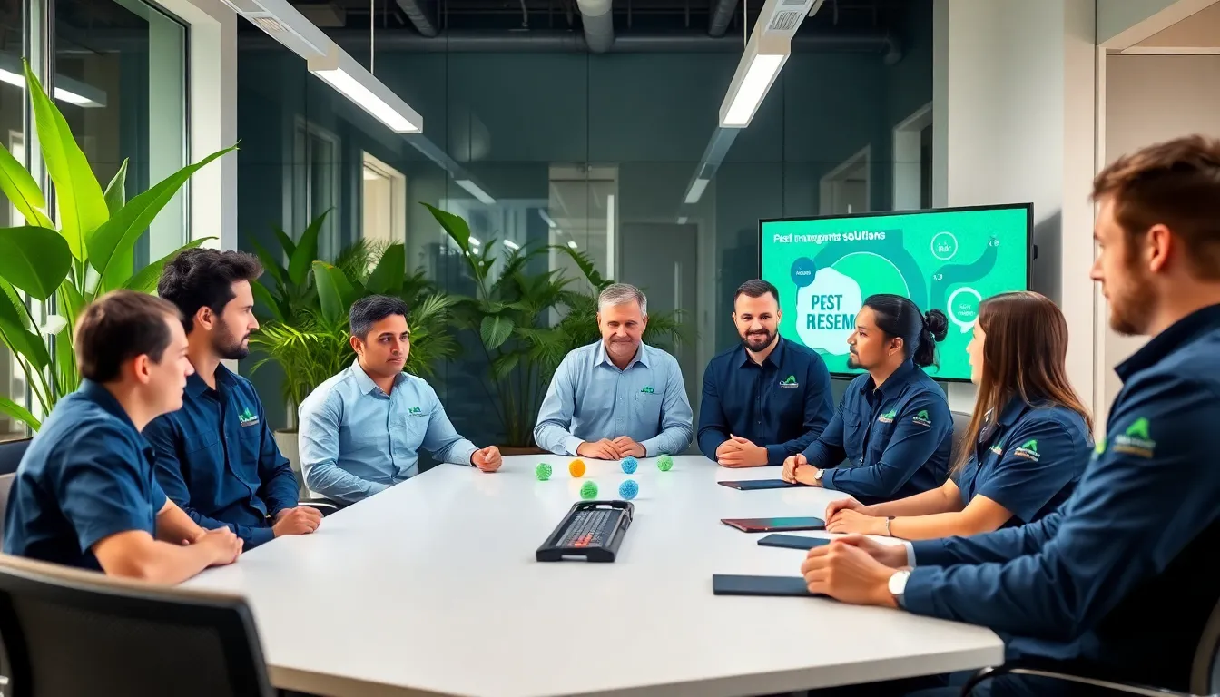 diverse pest control team discussing sustainable practices in a modern office.