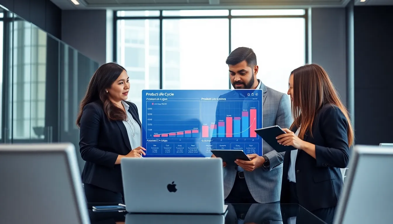 diverse team discussing product life cycle management in a modern office.