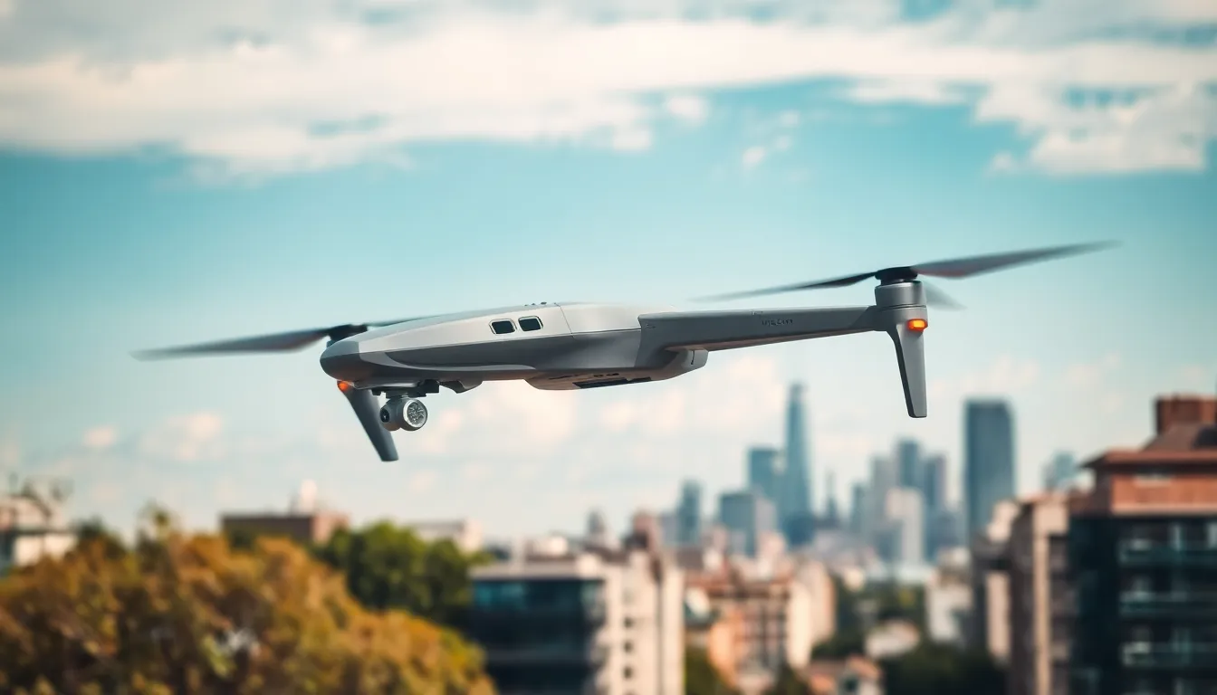 spy drone flying over a modern urban landscape.