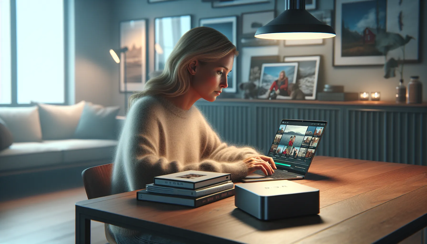 Norwegian woman backing up family photos and documents to laptop and external drive.