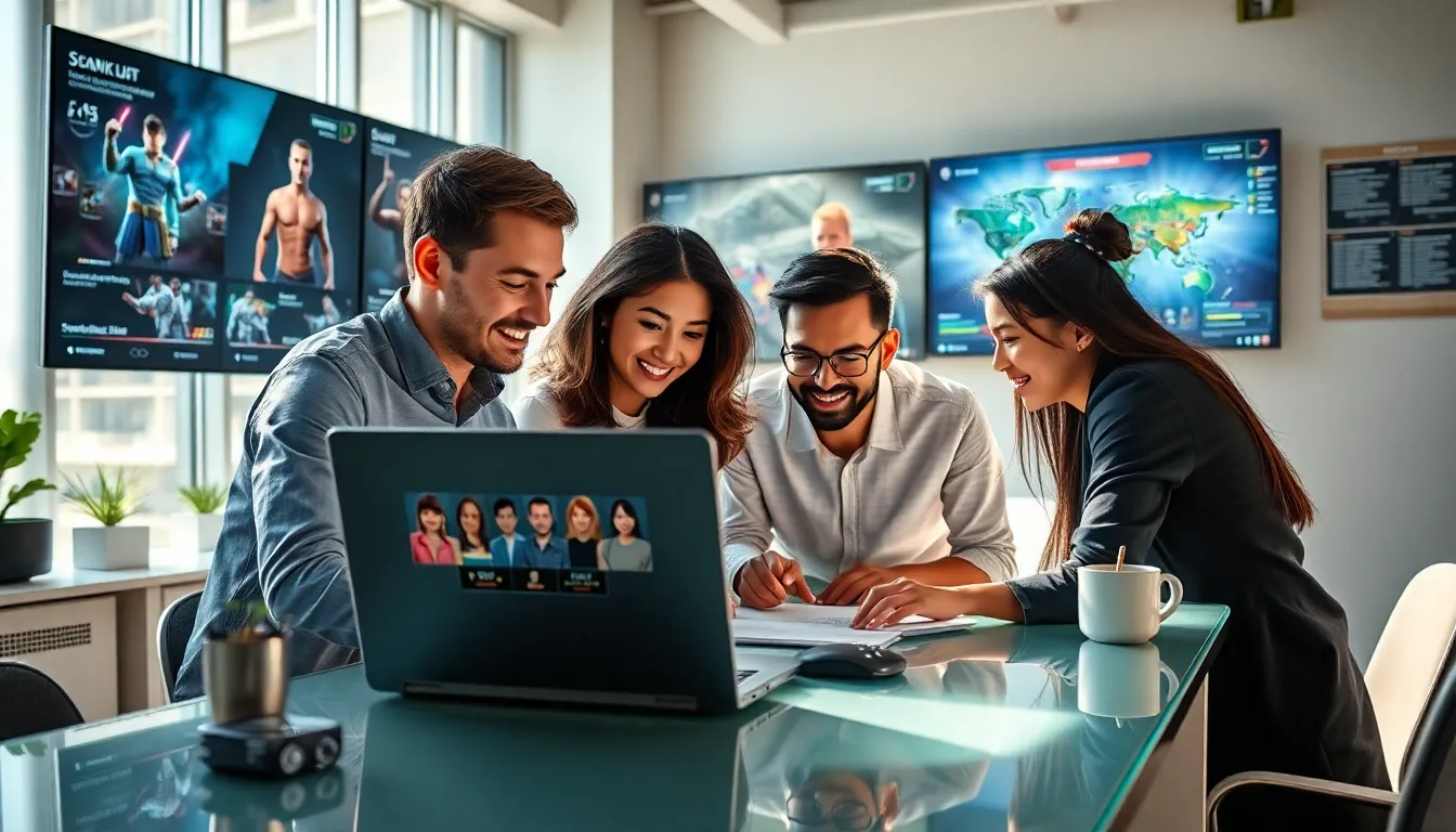 diverse team collaborating on a gaming project at a modern workspace.