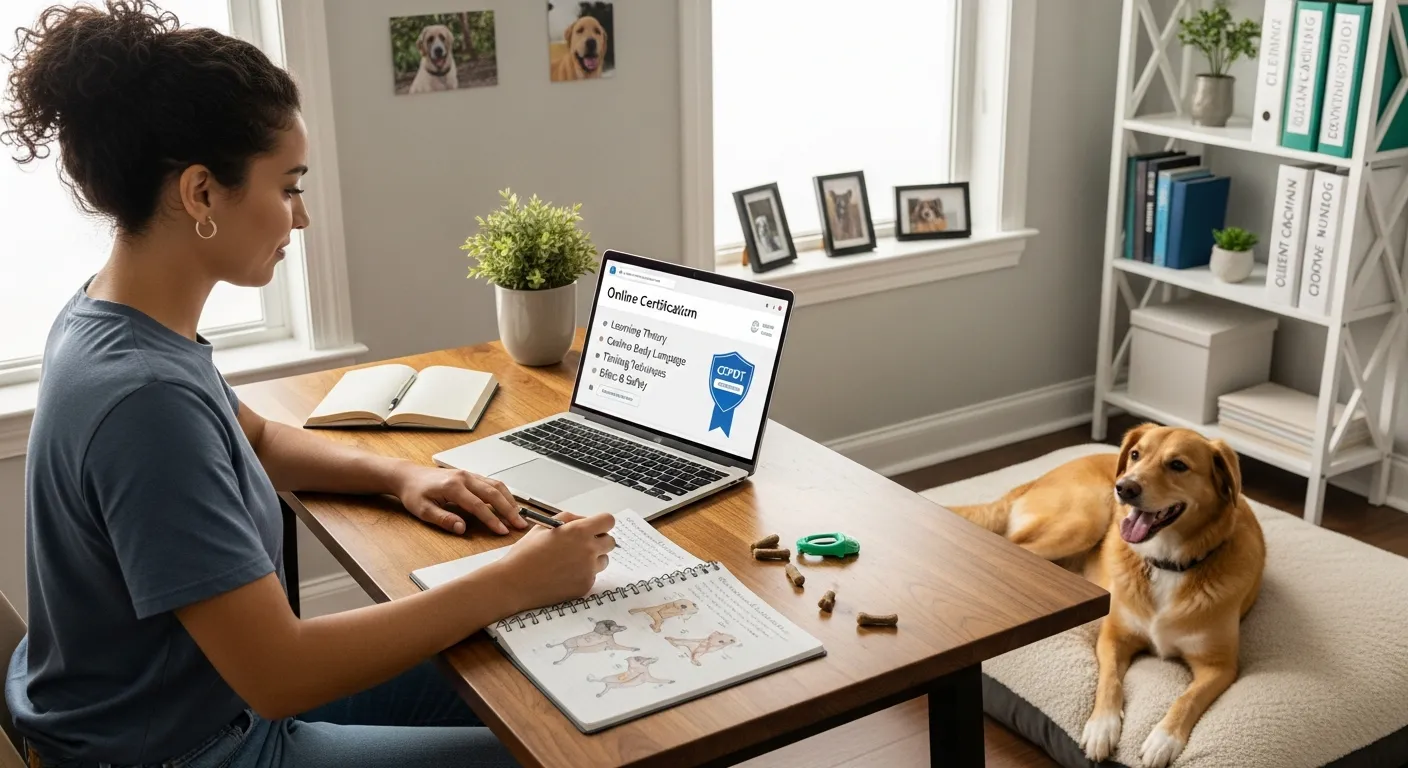 Dog trainer studies online certification course at laptop with calm dog nearby.