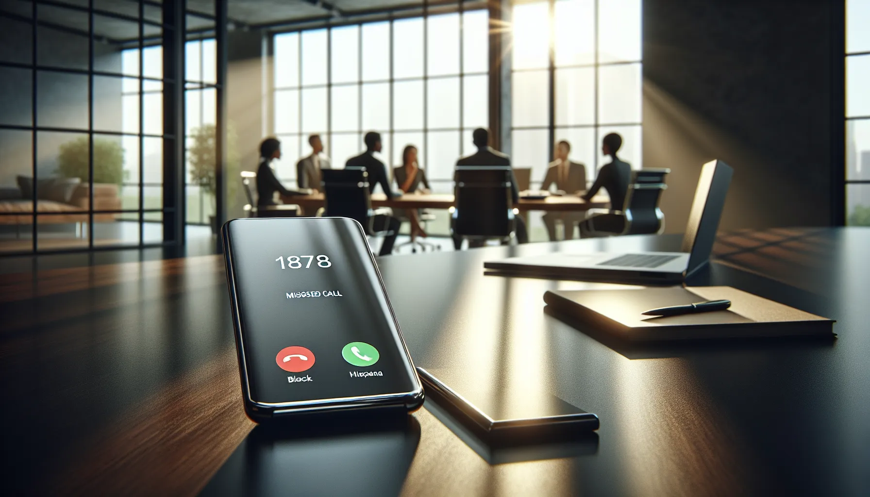 professional workspace with smartphone displaying an unknown number.