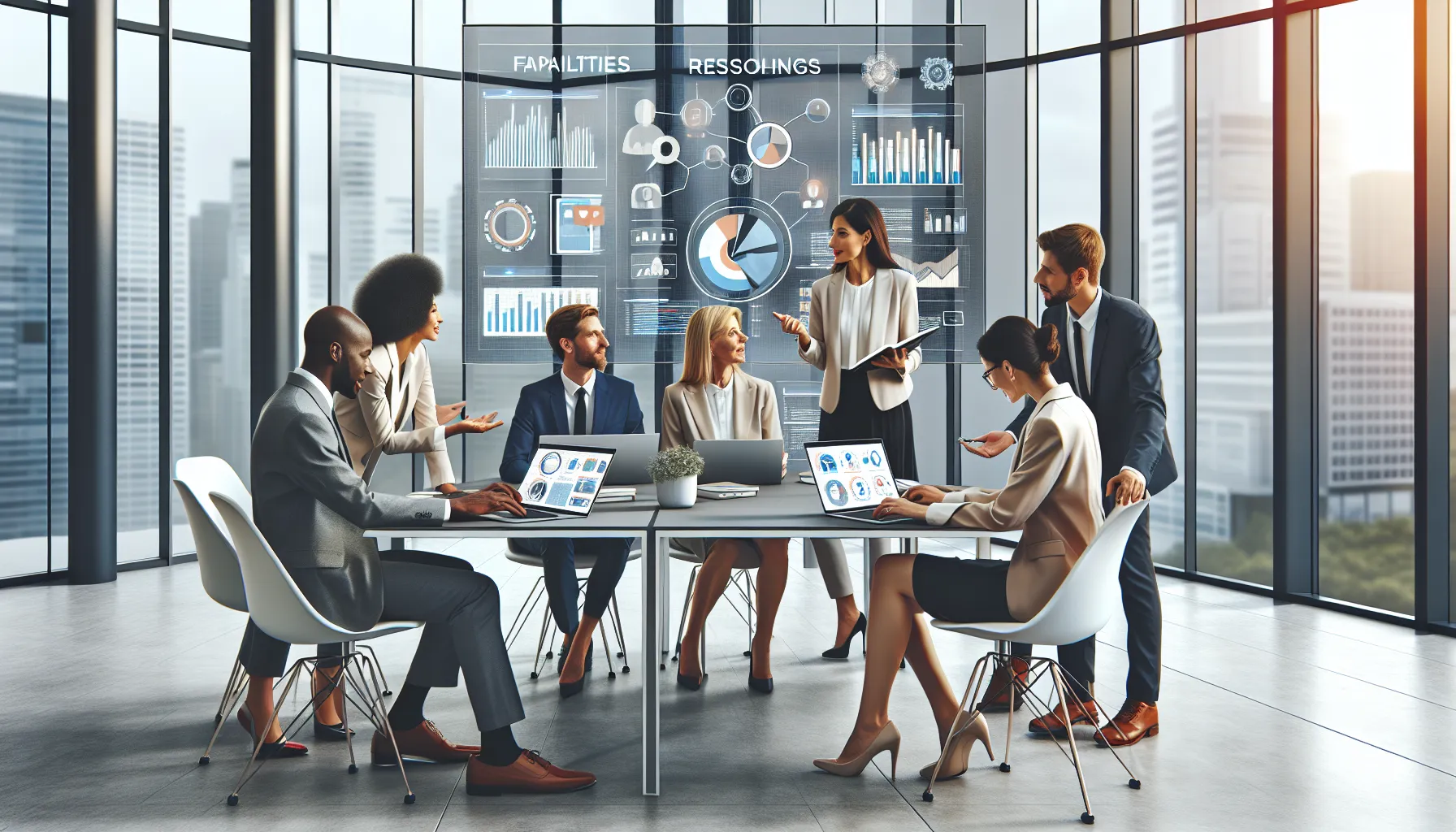 diverse team collaborating around laptops in a modern office.