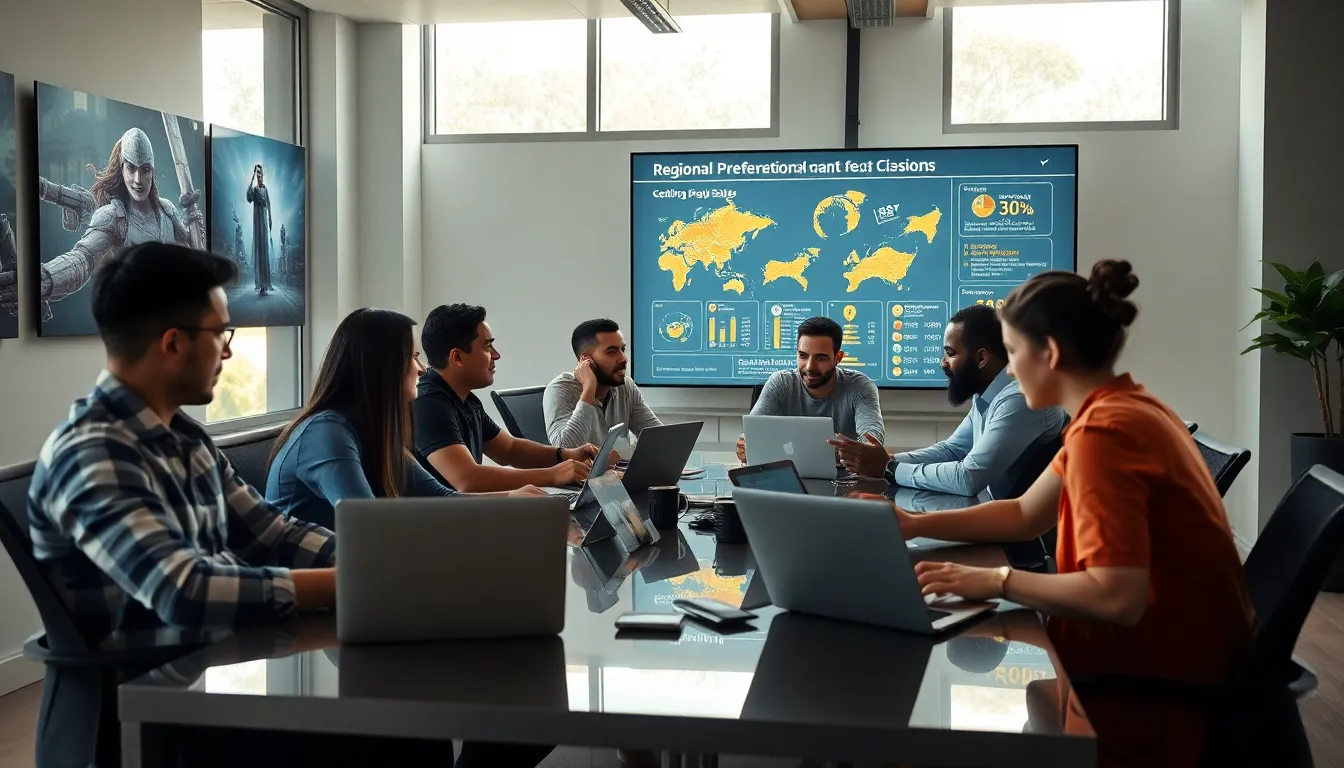 diverse team discussing gaming preferences in a modern studio.