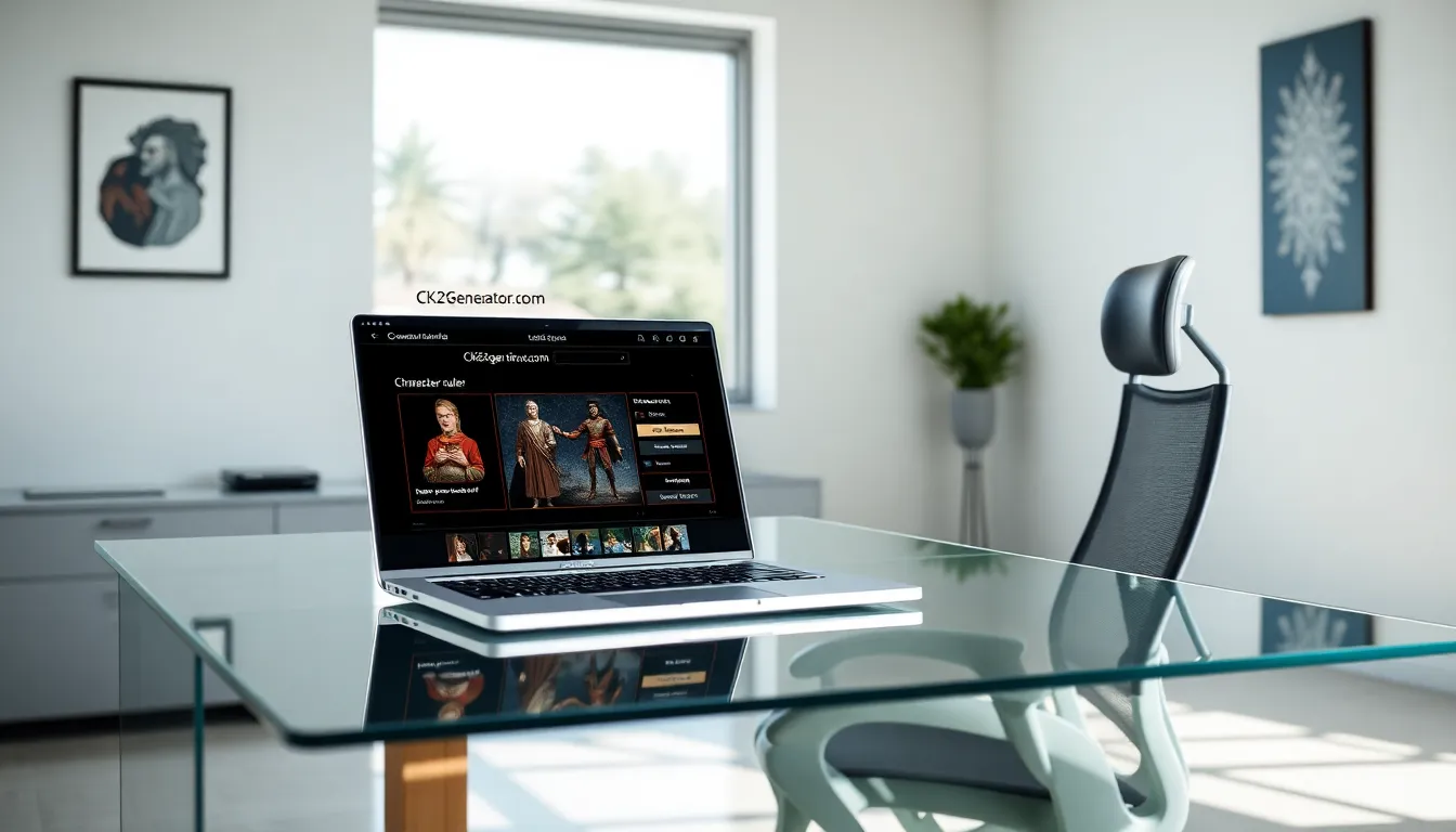 User creating a character on CK2Generator.com in a modern office.