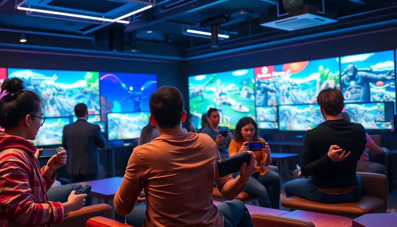 diverse group of gamers engaged with PlayStation in a modern gaming lounge.