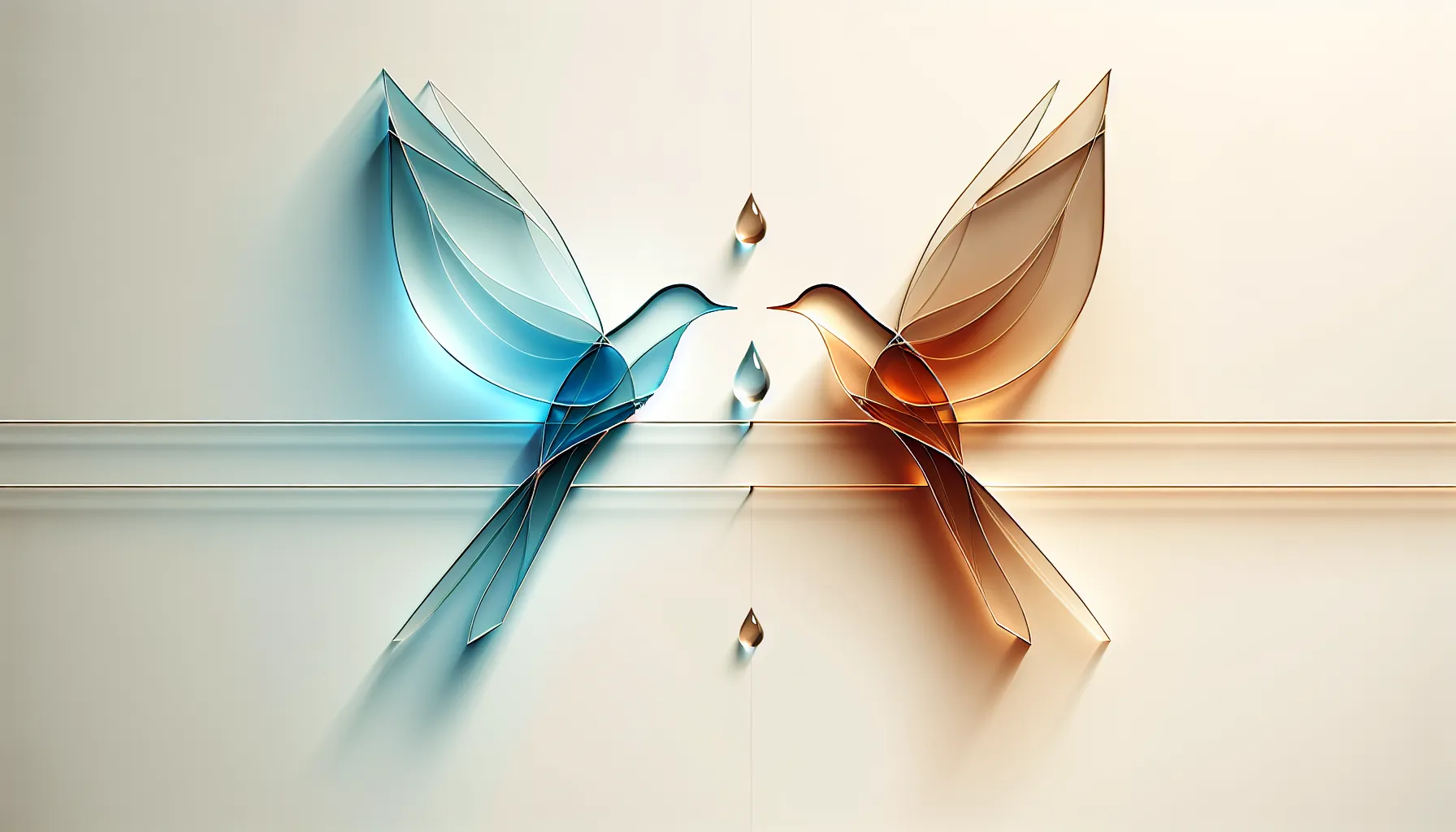 Two glass birds facing each other across a minimal bridge with water droplet