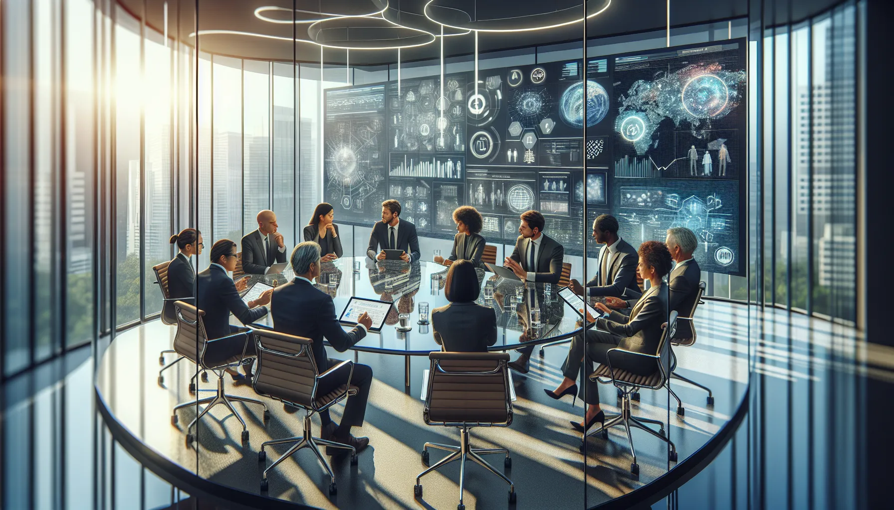 professionals discussing future technology trends in a modern conference room.