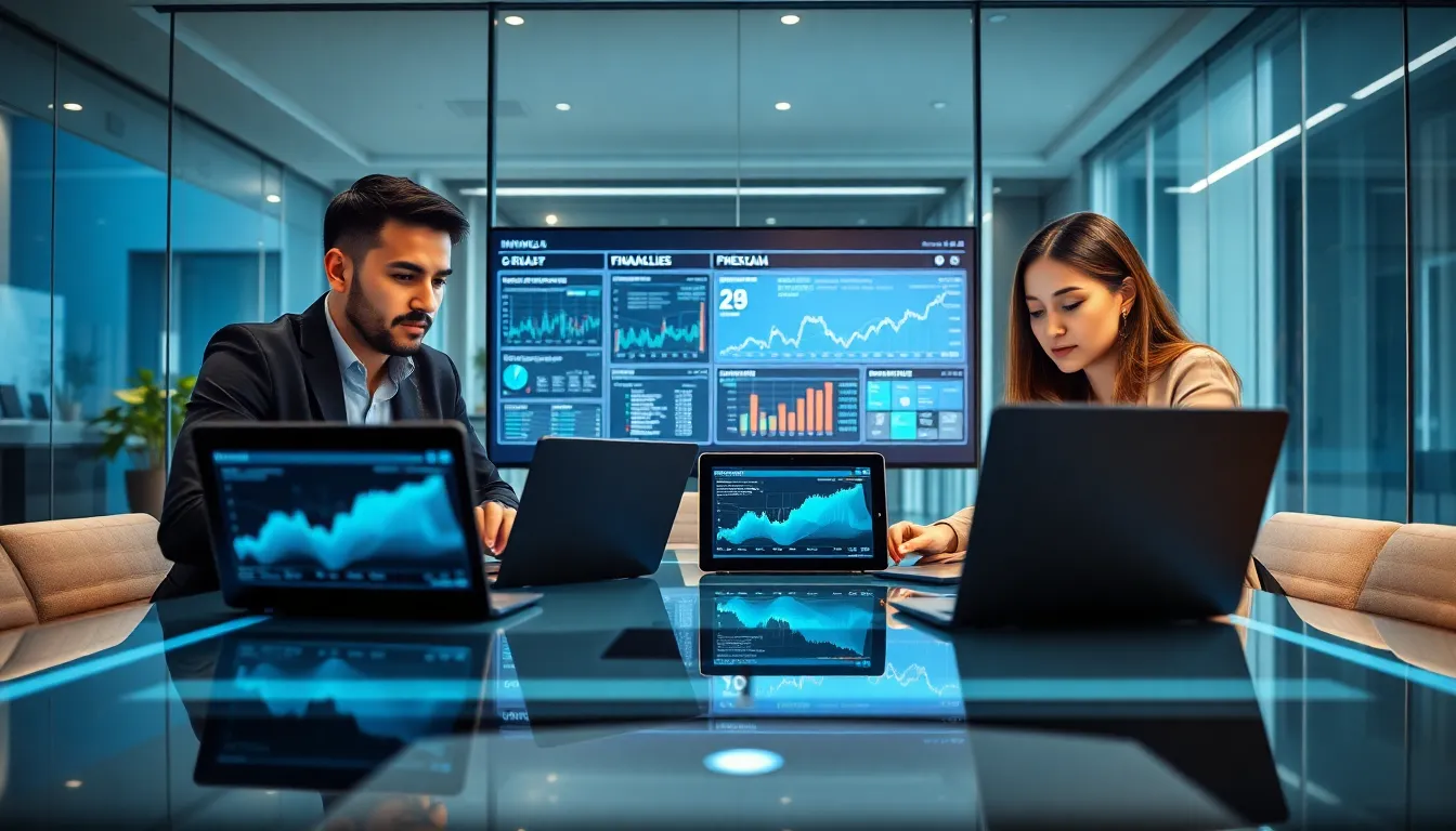 diverse team discussing advanced financial monitoring technology in a modern office.