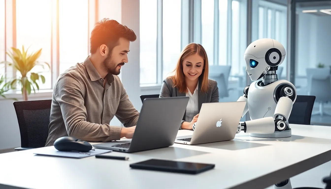 diverse professionals collaborating with a humanoid robot in a modern office.