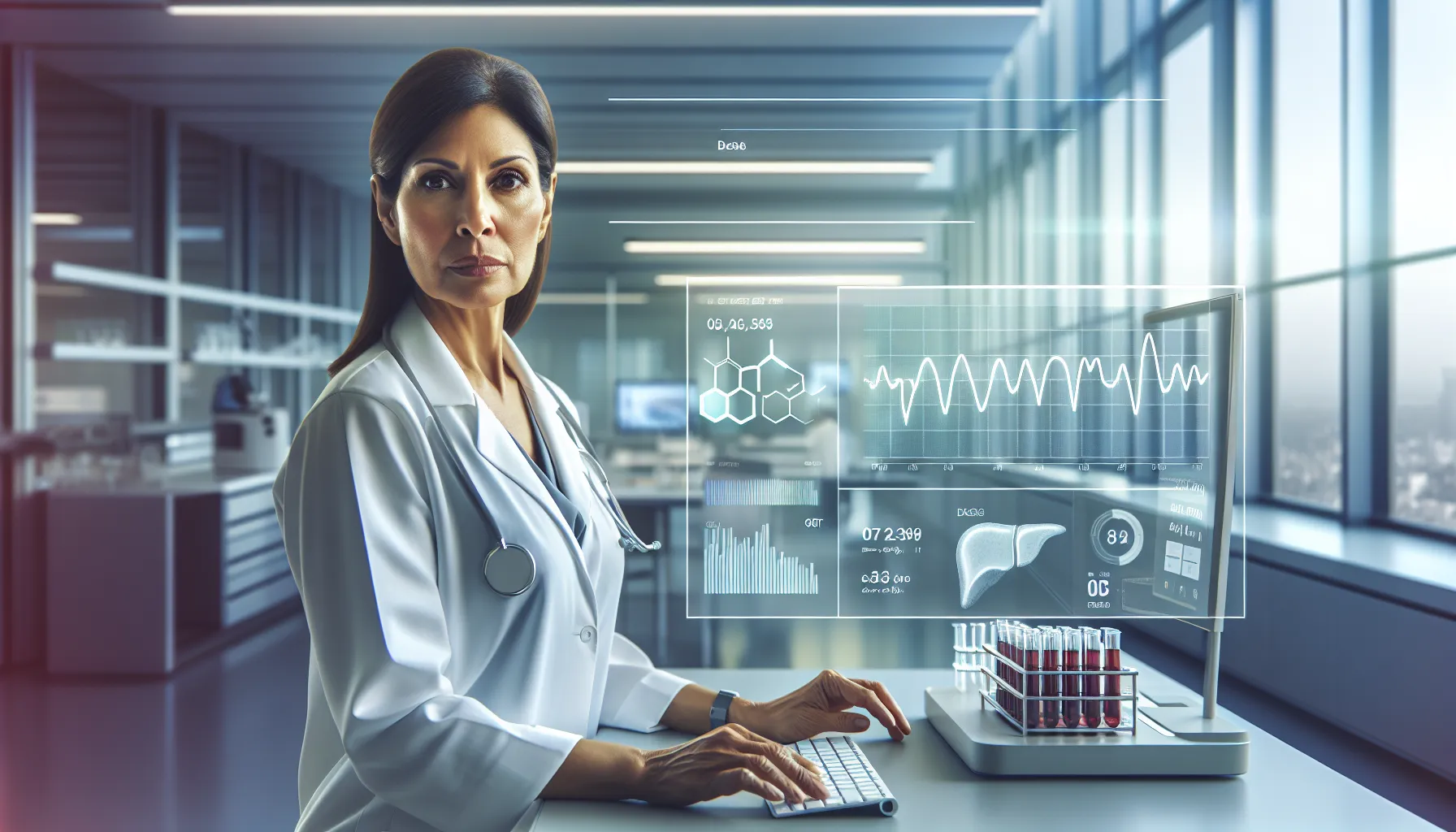 healthcare professional analyzing glutamyltransferase levels in a lab.