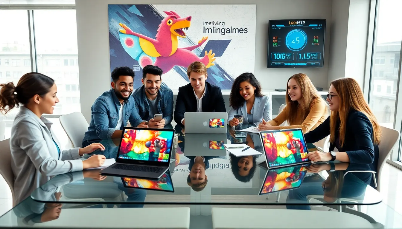 diverse team collaborating on Imagineer Games in a modern office.