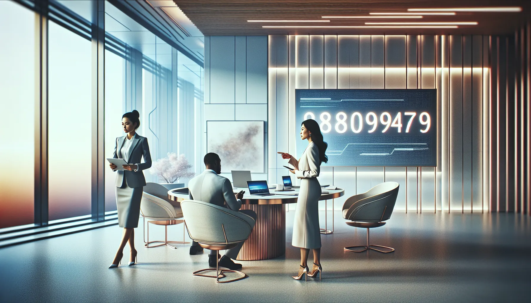 diverse team discussing a phone number in a modern office.