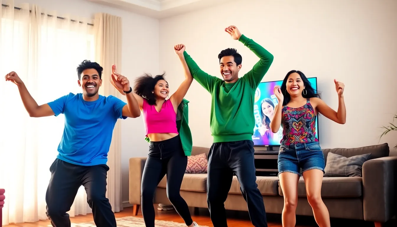 a group of friends dancing in a living room while playing Just Dance 2022.