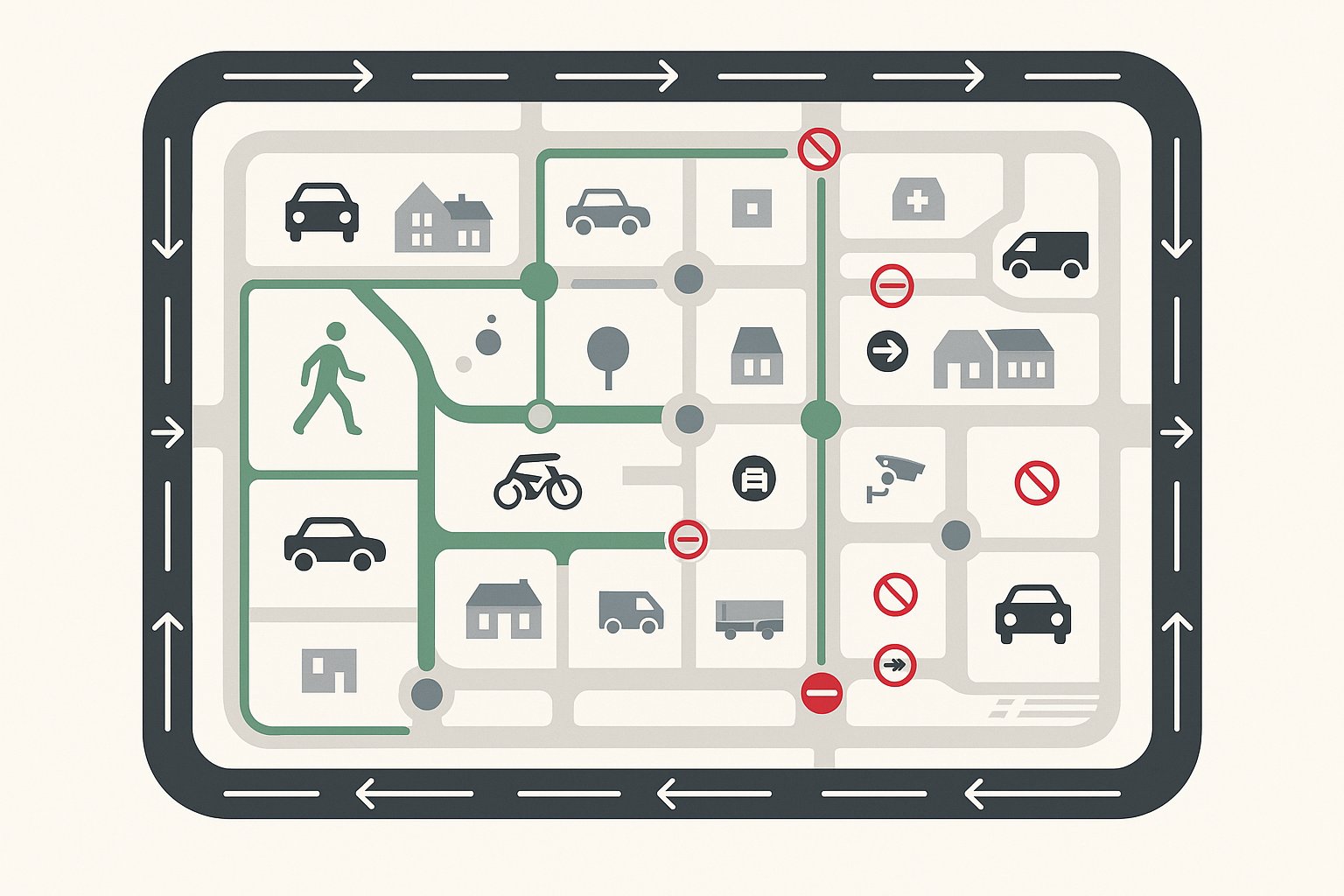 Street-grid infographic showing low traffic neighbourhood access and through-traffic prevention.