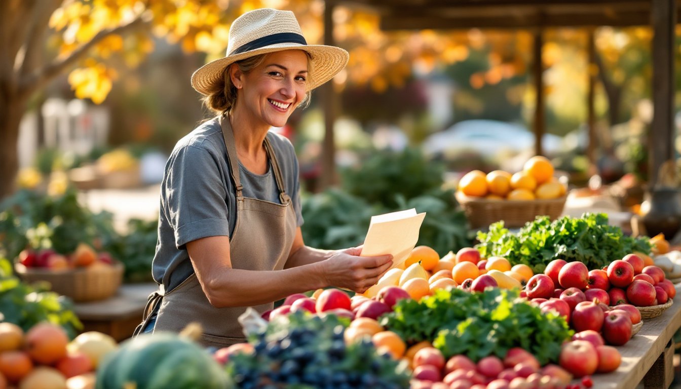 Seasonal fruits and vegetables displayed at an American farmers' market in autumn.