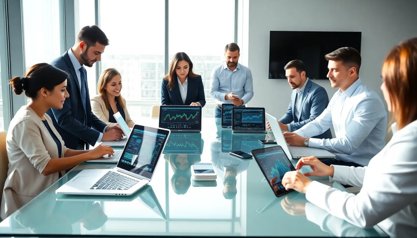 diverse team discussing blockchain technology in a modern office.