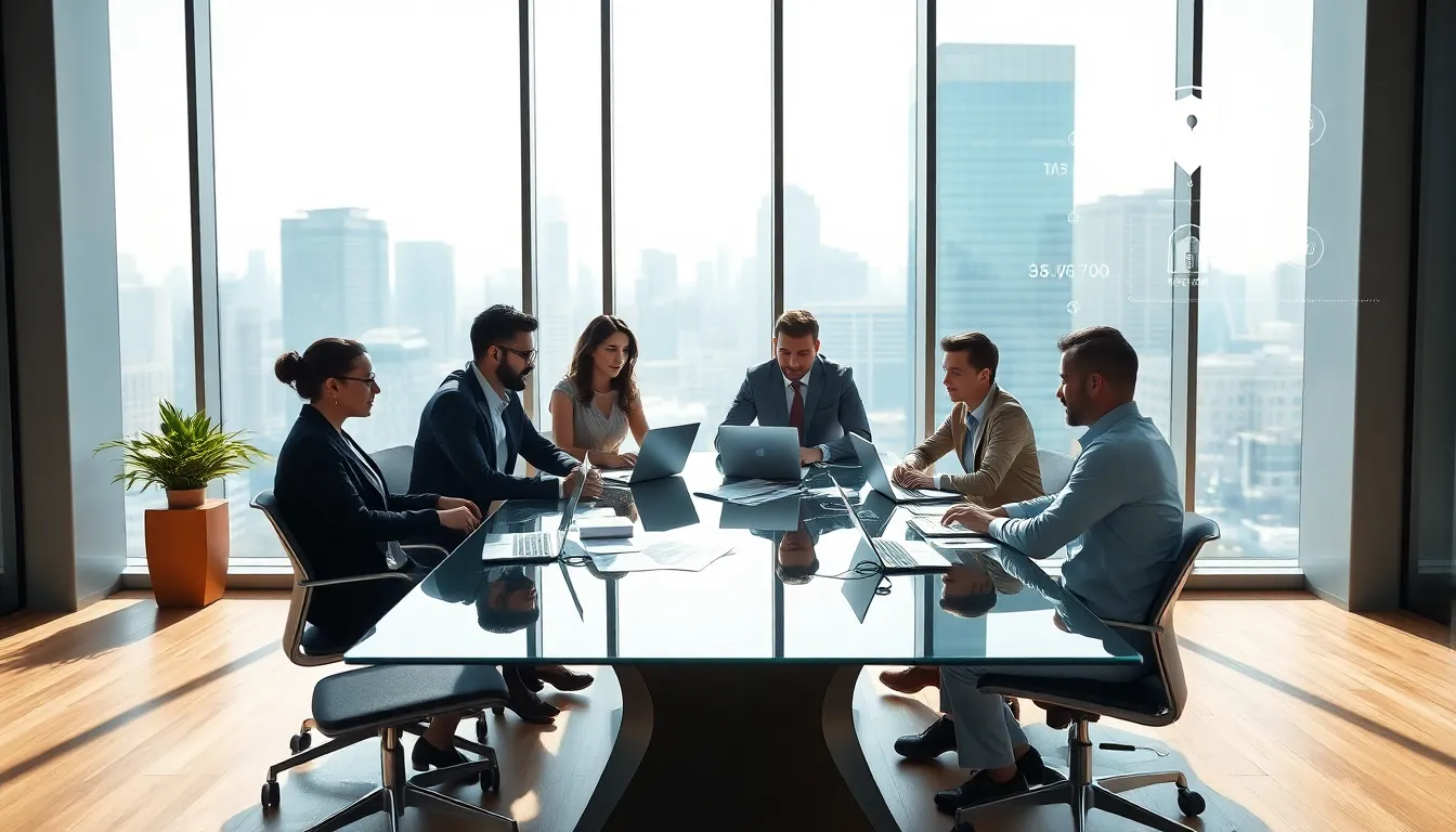 diverse fintech team discussing SEO strategies in a modern office.