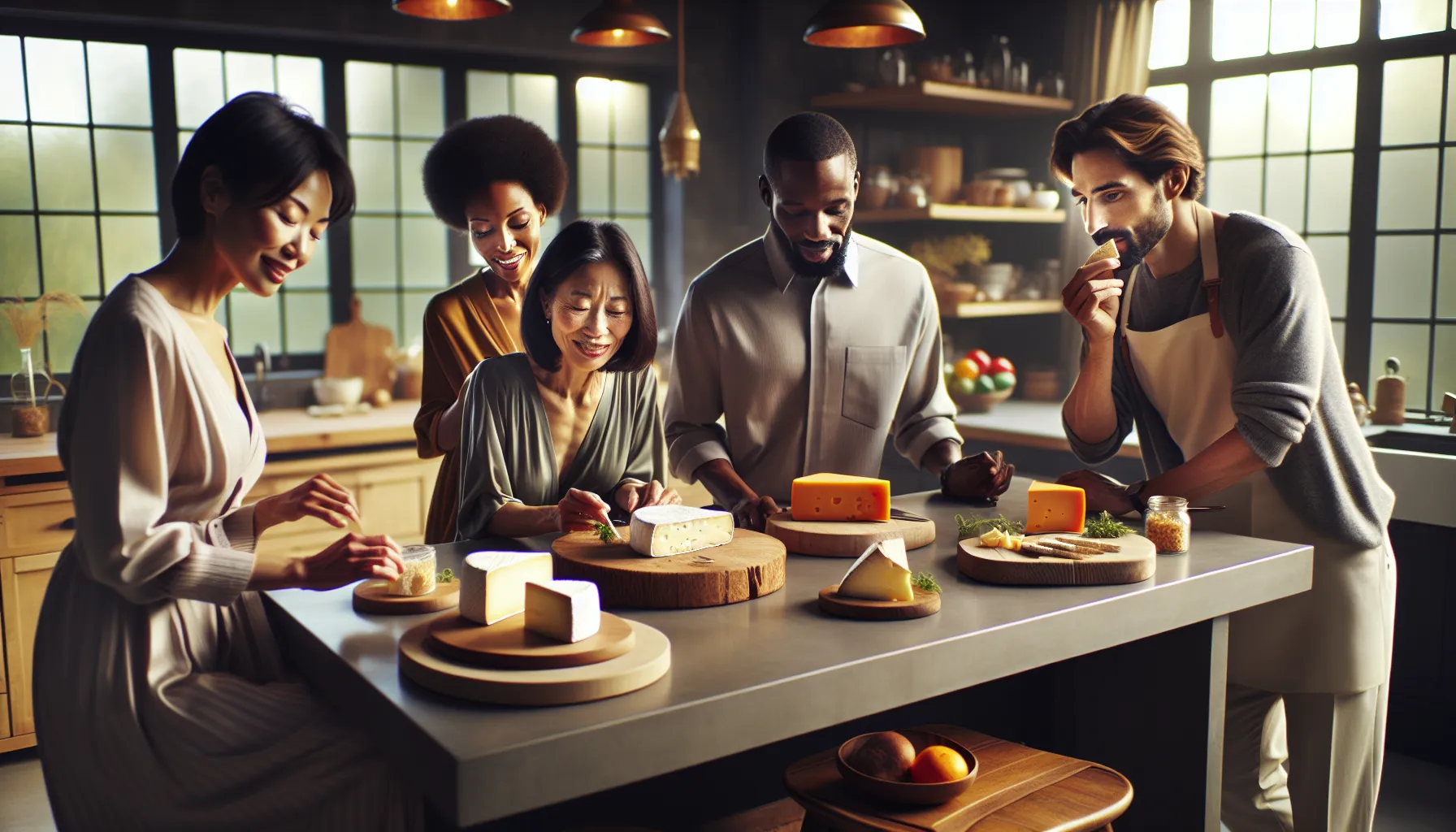 group of friends enjoying a cheese tasting in a cozy kitchen.