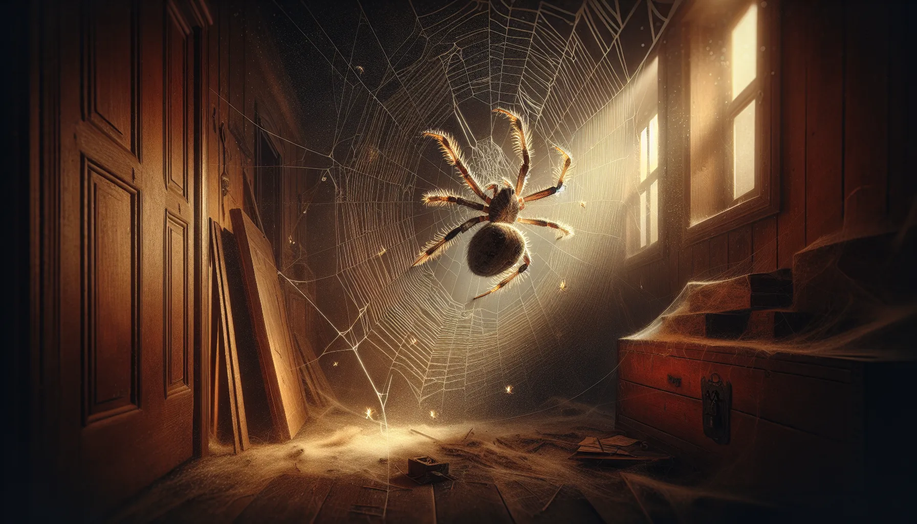 A spider spinning its web in a dimly lit room corner.