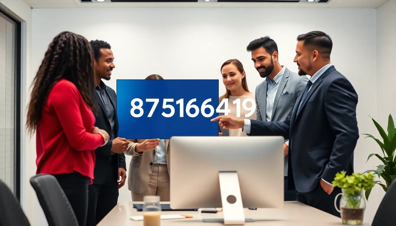 diverse team discussing toll-free number in a modern office.