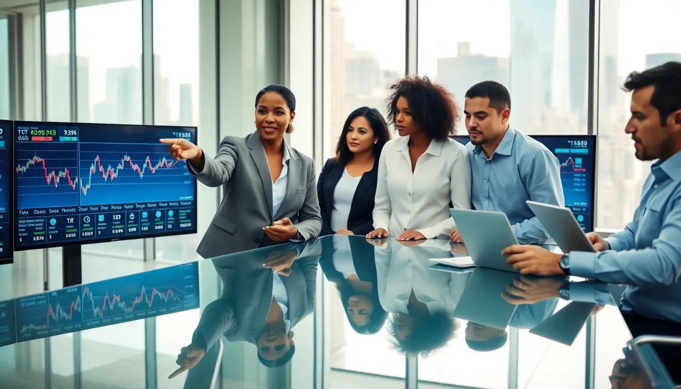 diverse financial analysts discussing stock market data.