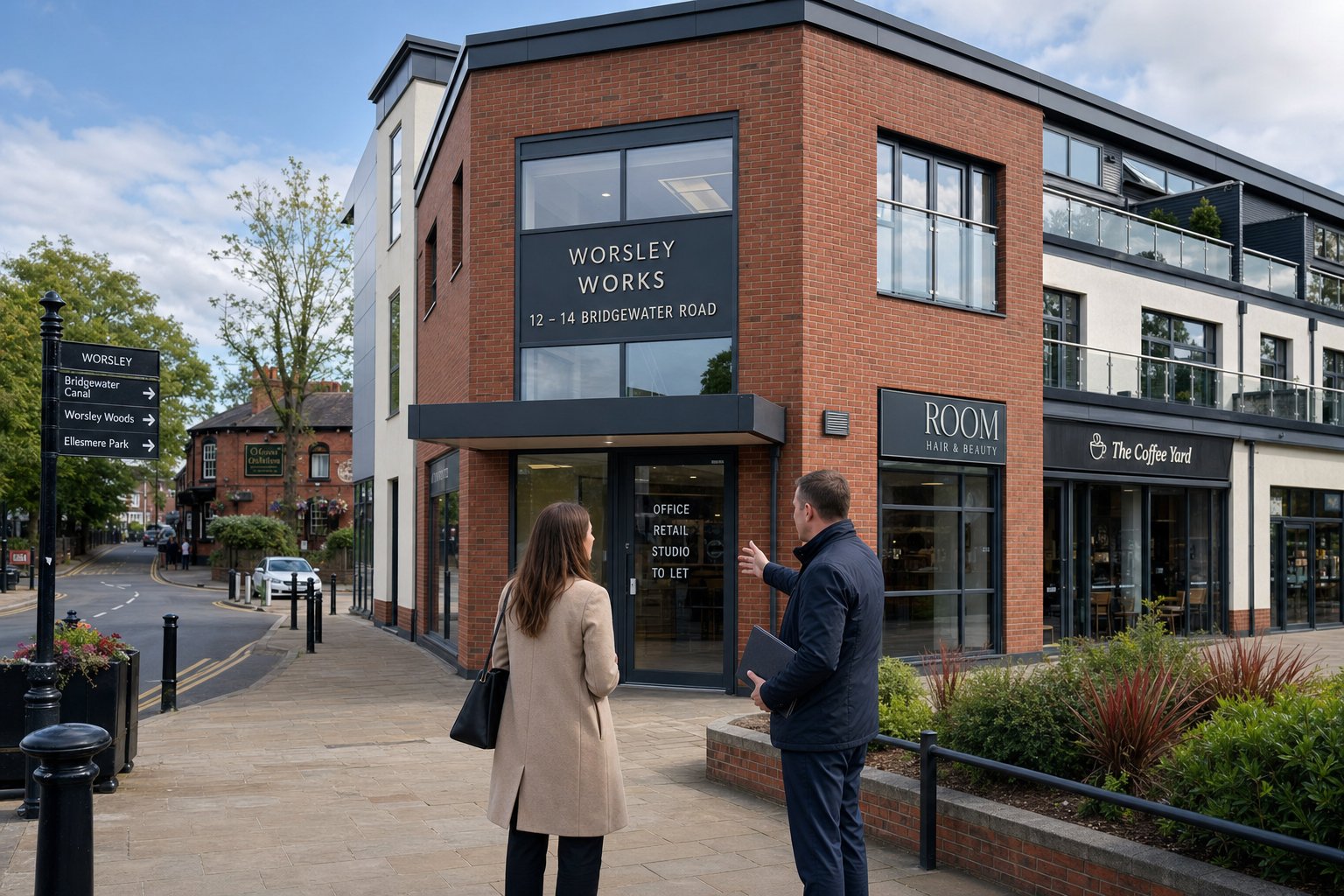 Advisor and client viewing a modern commercial building exterior on a daytime street in Worsley.