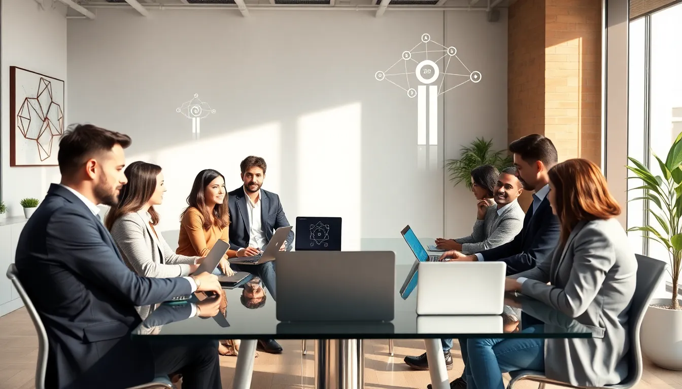 diverse professionals discussing telecommunications in a modern office.