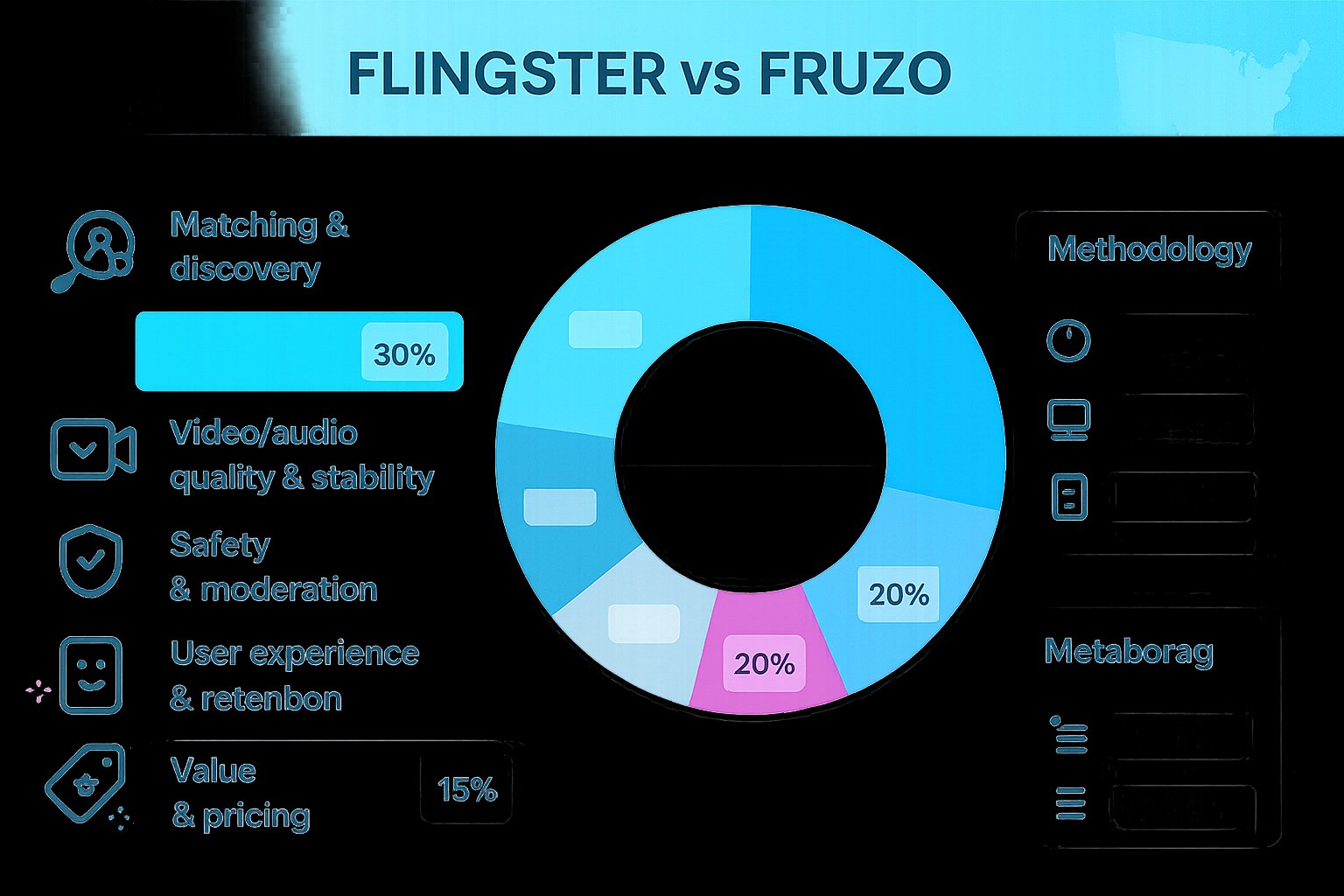 Donut chart and icon bars showing weighted evaluation criteria for two video-chat apps.