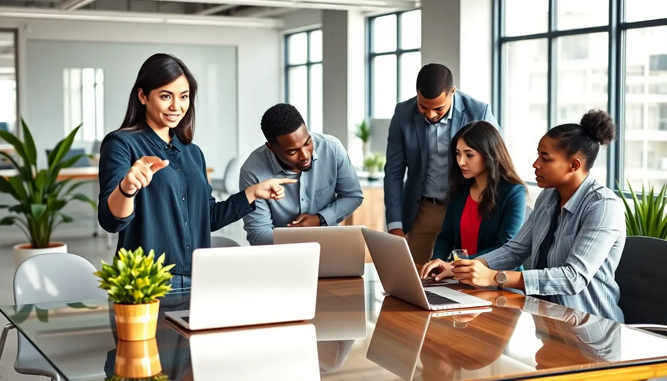 Diverse team collaborating in a modern office setting.