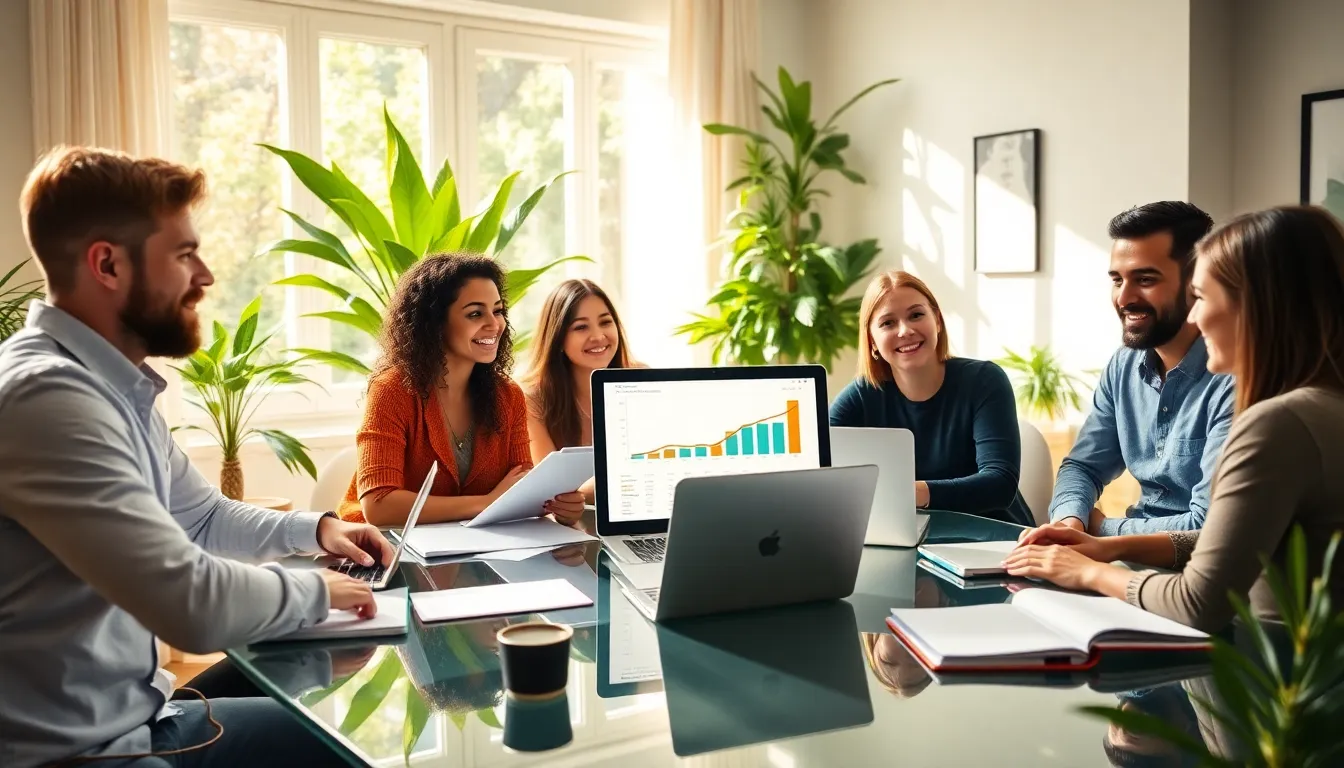 diverse team collaborating in a bright home office setting.